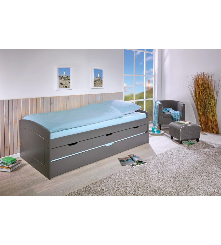 Letto singolo con 3 cassetti e letto estraibile in pino grigio, 90x200 cm